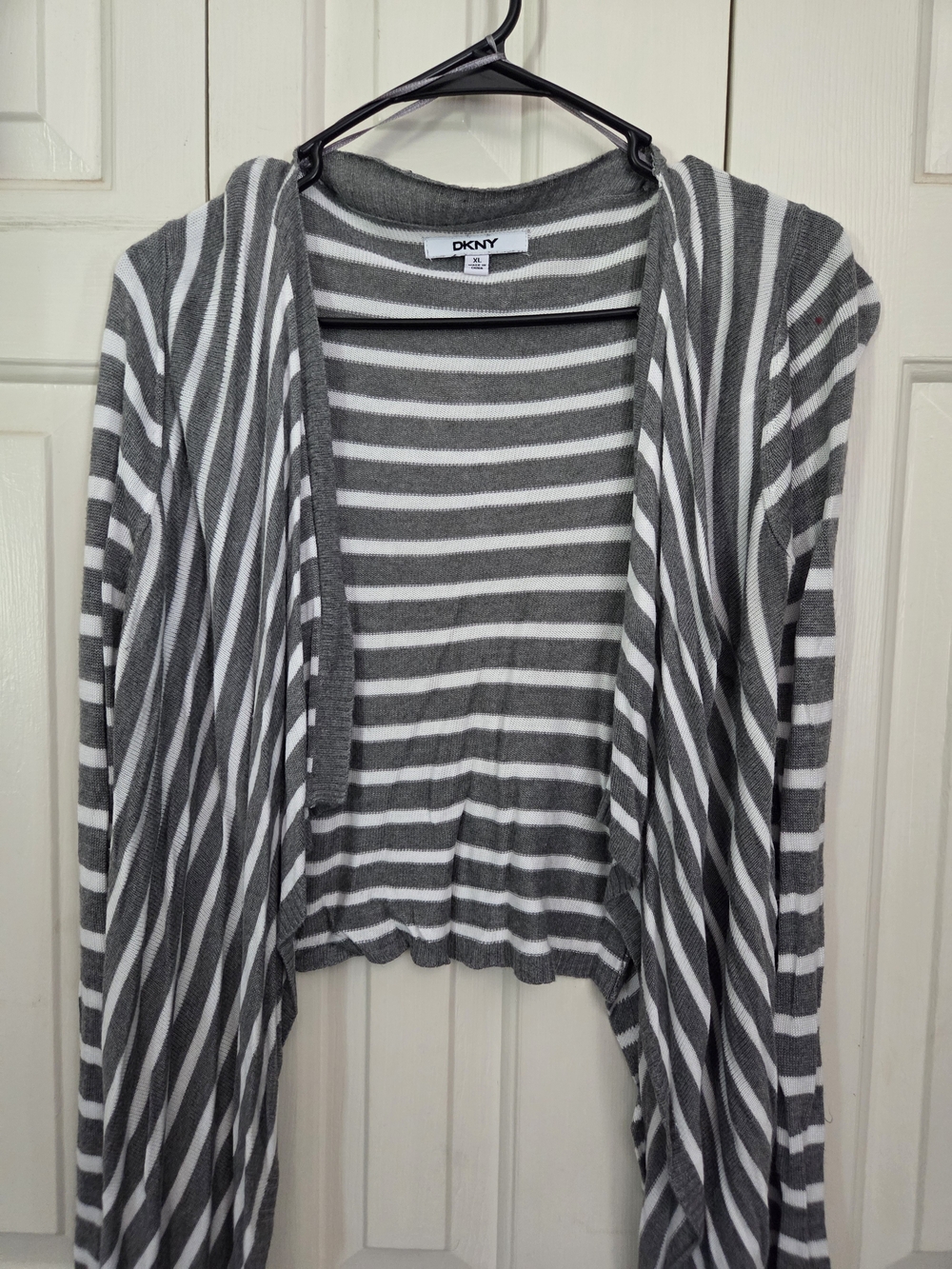 DKNY Gray and White Striped Open-Front Cardigan